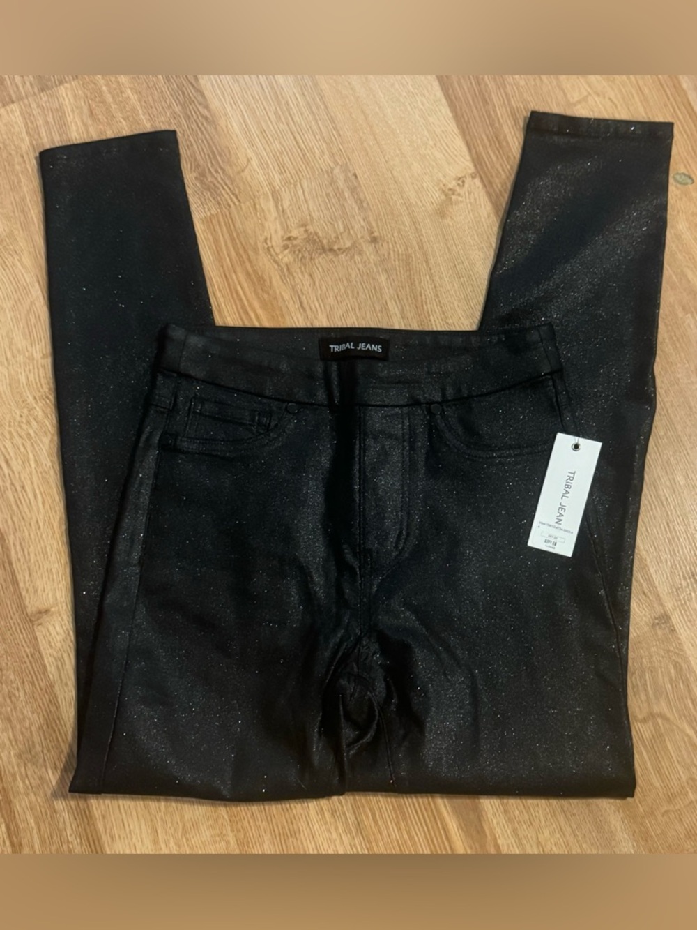 NWT TRIBAL Black Sparkle Skinny Faux Leather Pull On Pants Sz 4